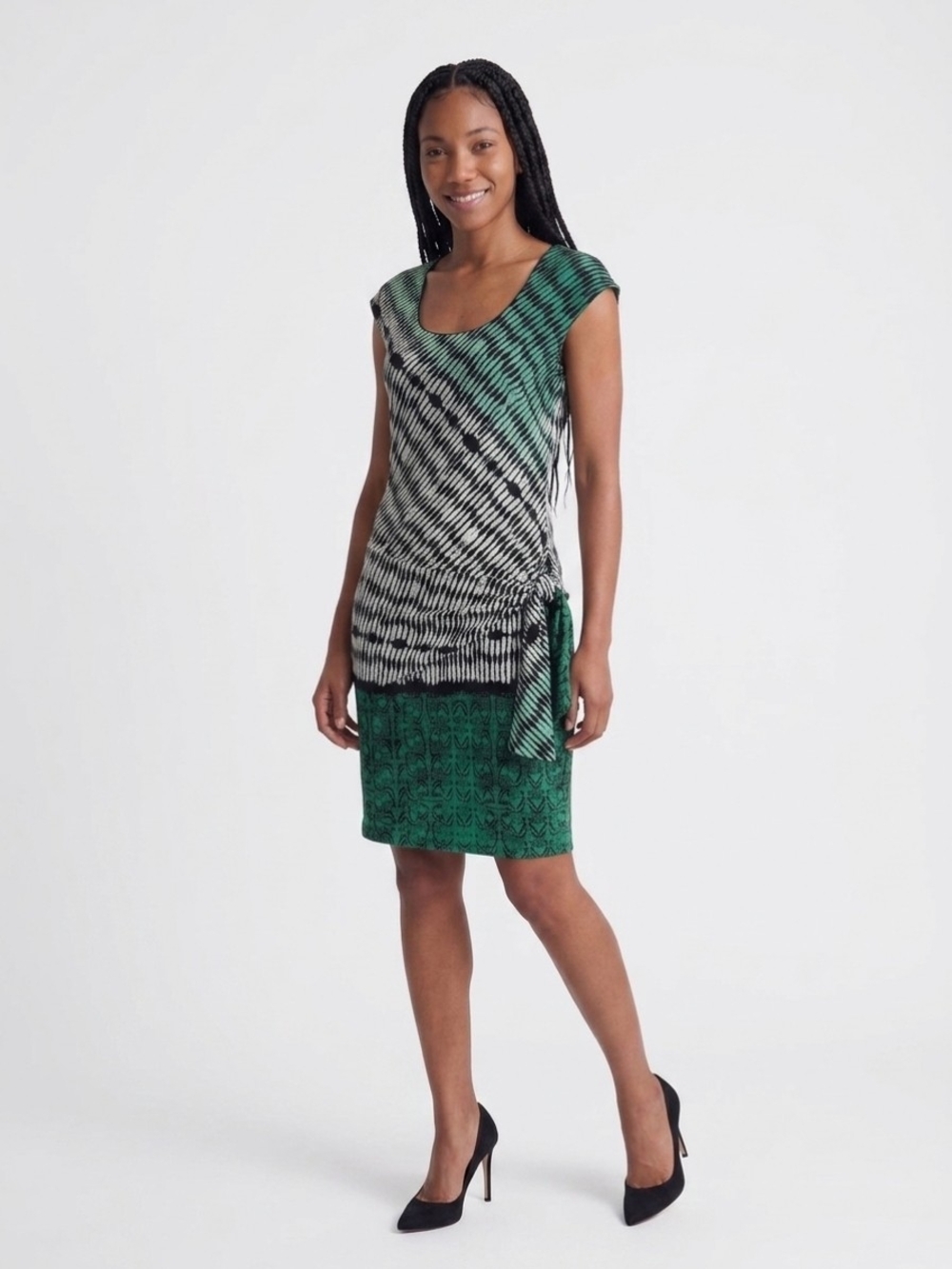 Max Studio Sleeveless Side‑Tie Dress - Green & Black - Women’s Small